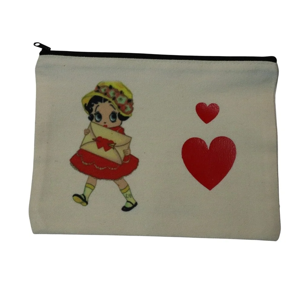 Betty Boop Heart Black Zipper Canvas Pouch Handmade Makeup‎ Bag